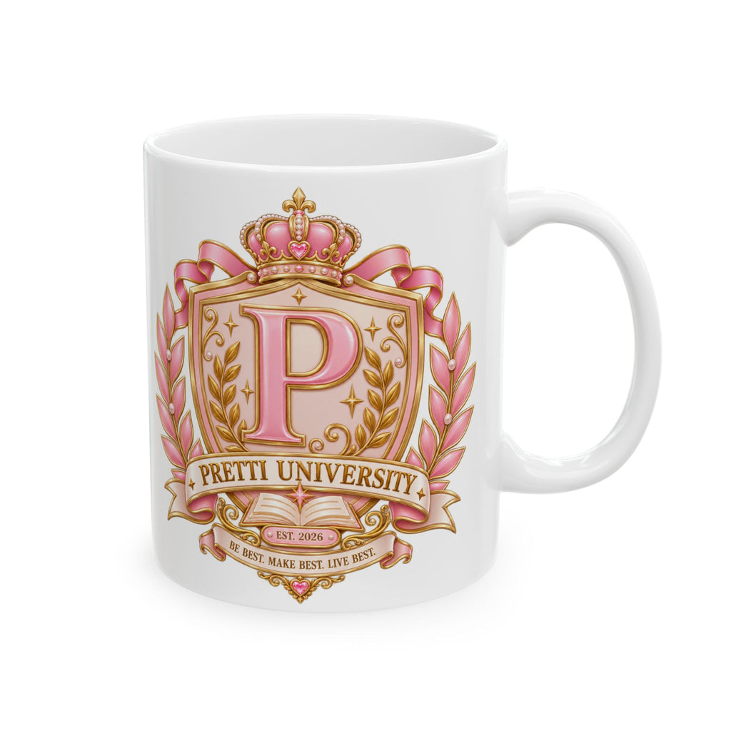 Ceramic Mug — Pink Floral Crest "Pretty" Coffee Tea Cup (11oz/15oz)