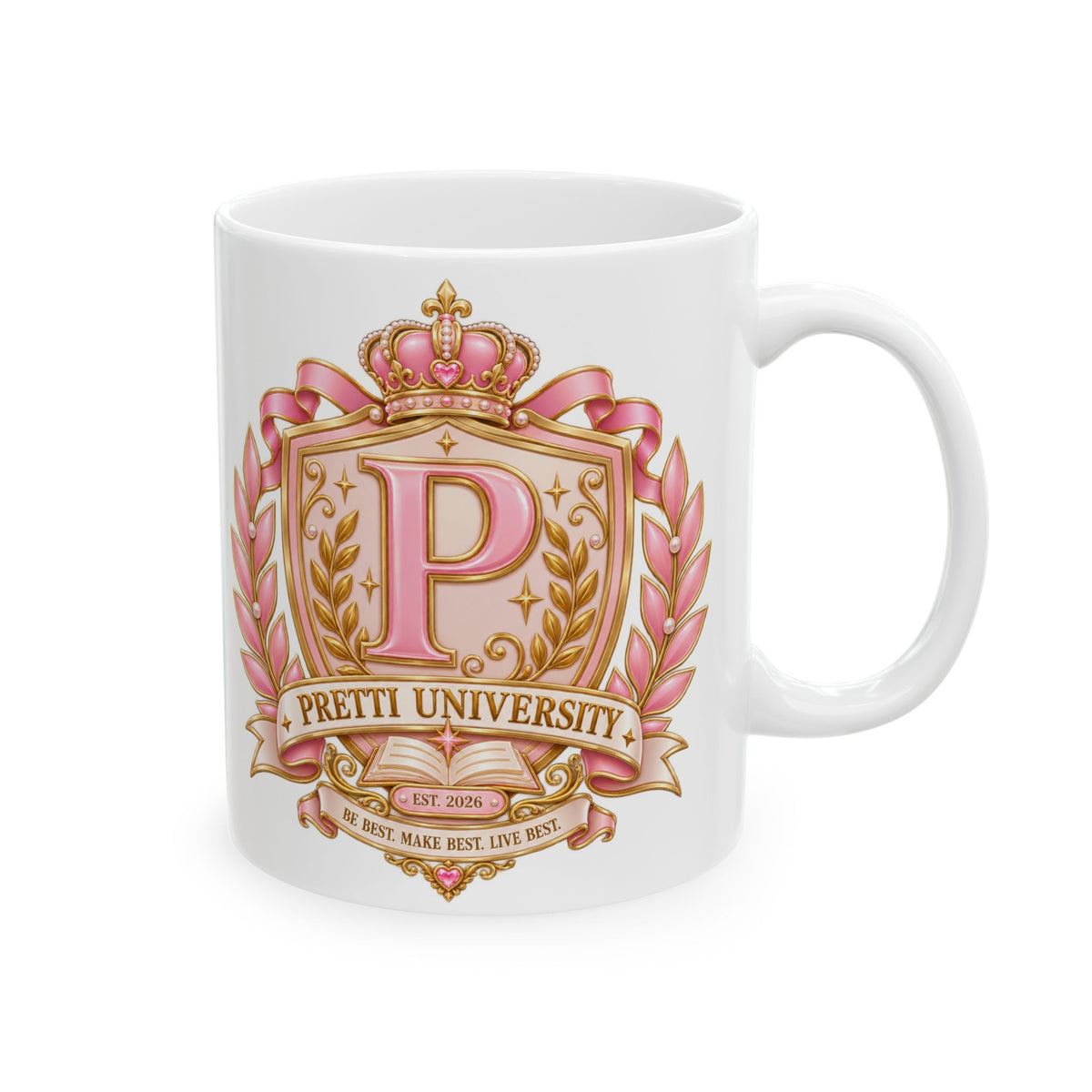 Ceramic Mug — Pink Floral Crest "Pretty" Coffee Tea Cup (11oz/15oz)