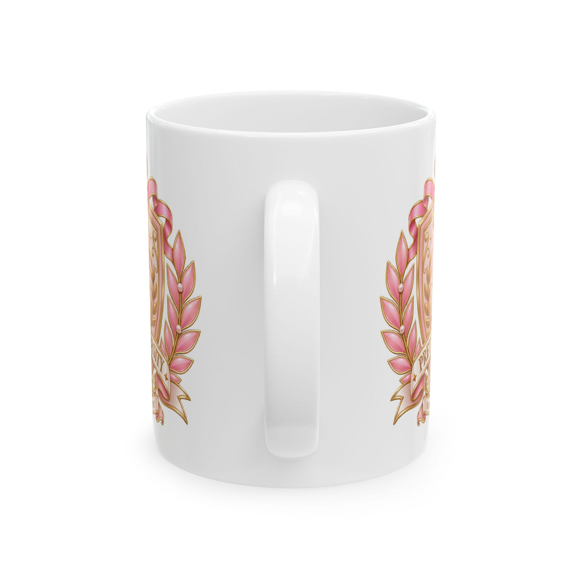 Ceramic Mug — Pink Floral Crest "Pretty" Coffee Tea Cup (11oz/15oz)