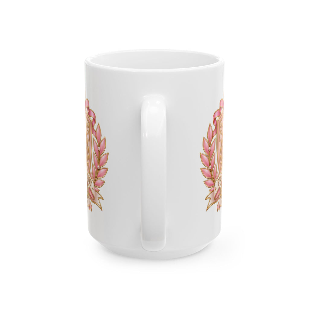 Ceramic Mug — Pink Floral Crest "Pretty" Coffee Tea Cup (11oz/15oz)