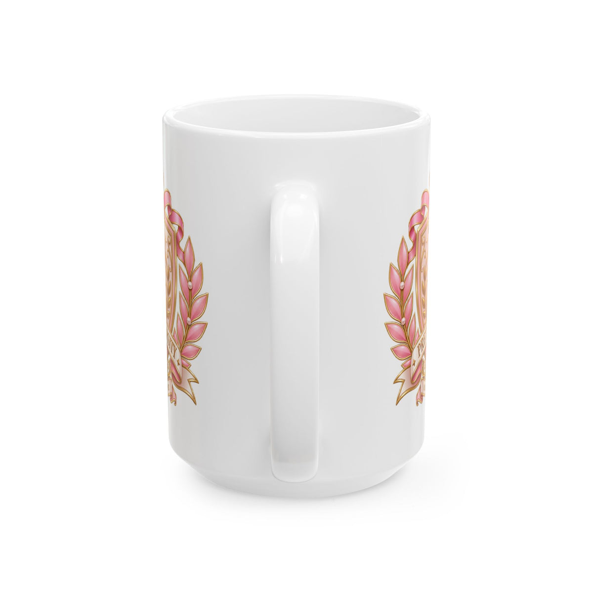 Ceramic Mug — Pink Floral Crest "Pretty" Coffee Tea Cup (11oz/15oz)