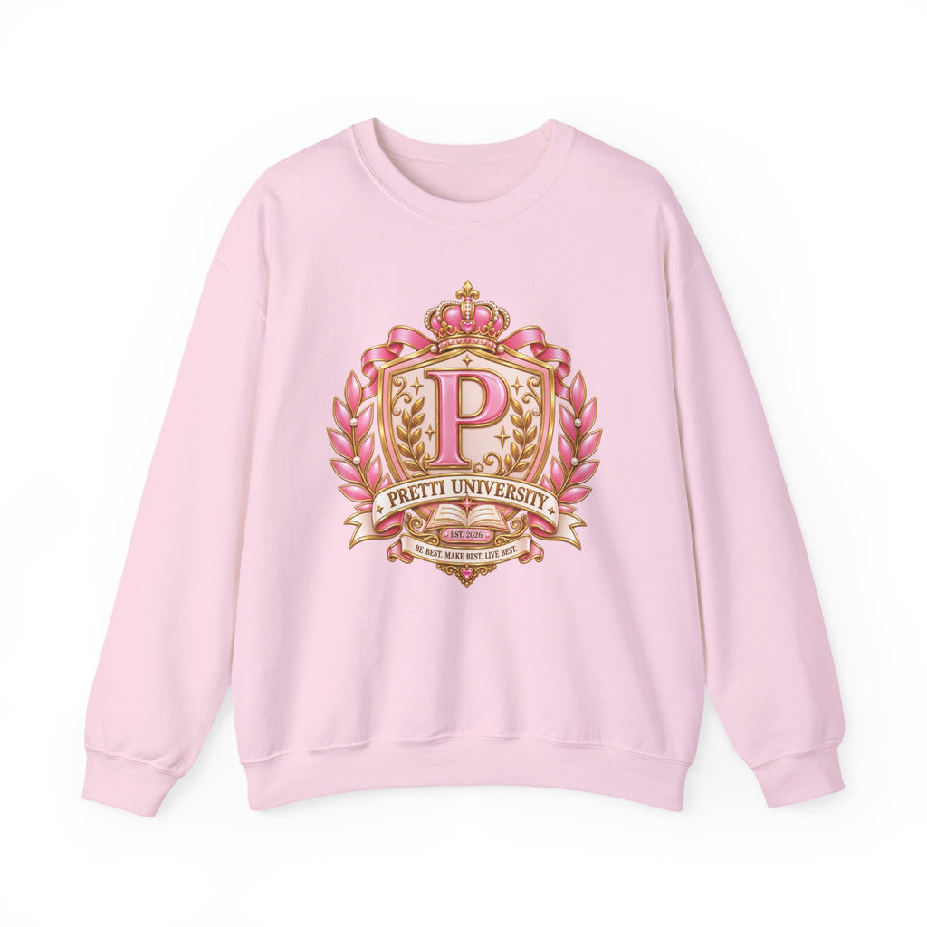 Crewneck Sweatshirt — "Pretti University" Pink Collegiate Bow Graphic - Comic Book Edition