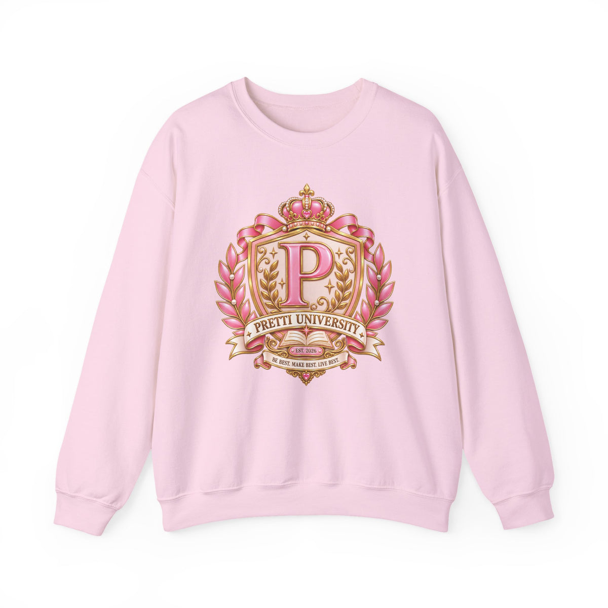 Crewneck Sweatshirt — "Pretti University" Pink Collegiate Bow Graphic - Comic Book Edition
