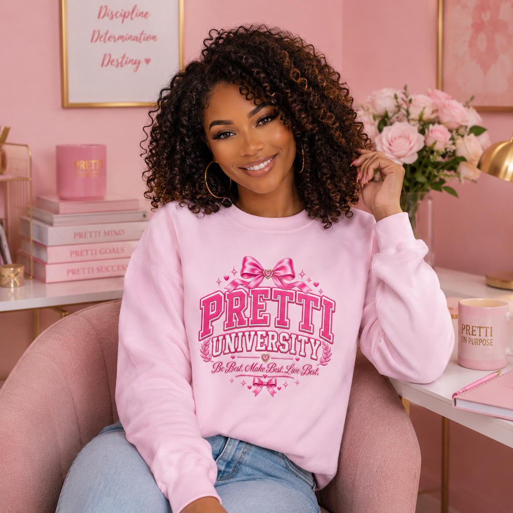 Crewneck Sweatshirt — "Pretti University" Pink Collegiate Bow Graphic