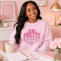 Crewneck Sweatshirt — "Pretti University" Pink Collegiate Bow Graphic