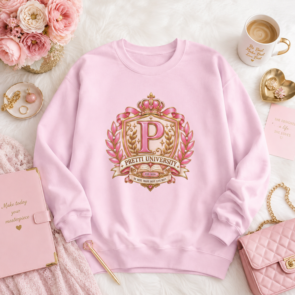 Crewneck Sweatshirt — "Pretti University" Pink Collegiate Bow Graphic - Comic Book Edition