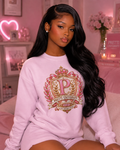 Crewneck Sweatshirt — "Pretti University" Pink Collegiate Bow Graphic - Comic Book Edition