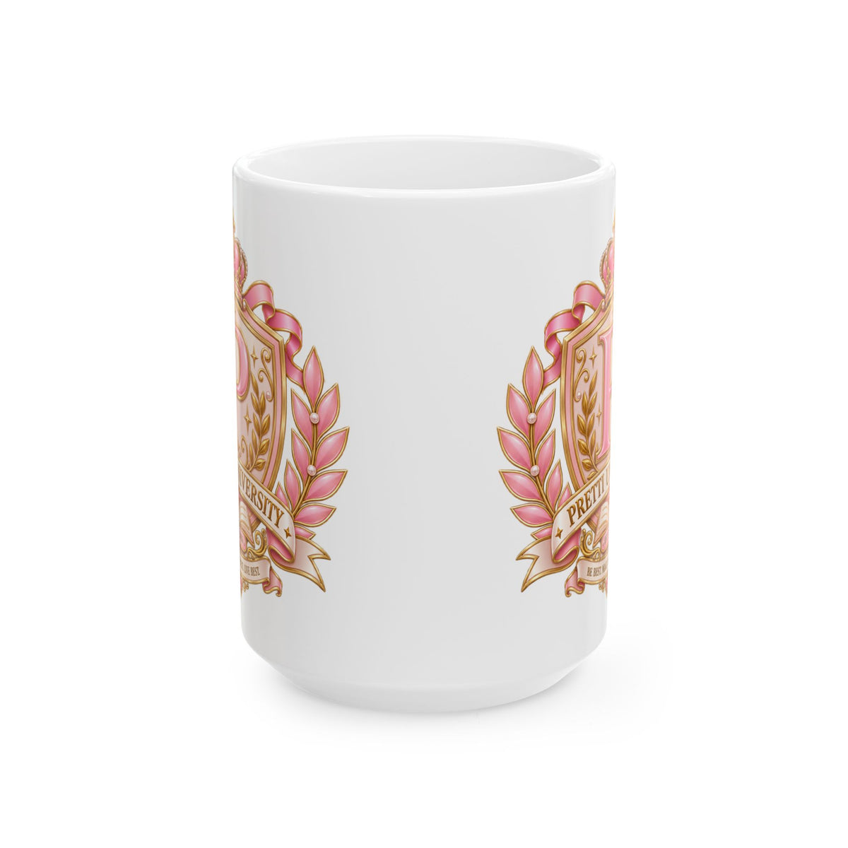 Ceramic Mug — Pink Floral Crest "Pretty" Coffee Tea Cup (11oz/15oz)