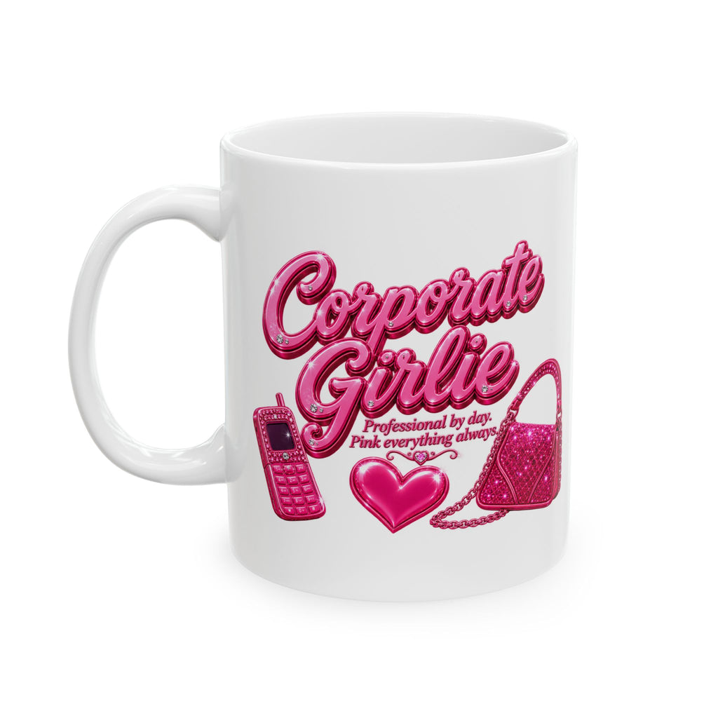 Ceramic Mug - Cute Glittery 'Corporate Girlie' Pink Phone & Purse Design (11oz, 15oz)