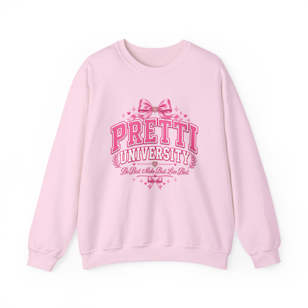Crewneck Sweatshirt — "Pretti University" Pink Collegiate Bow Graphic