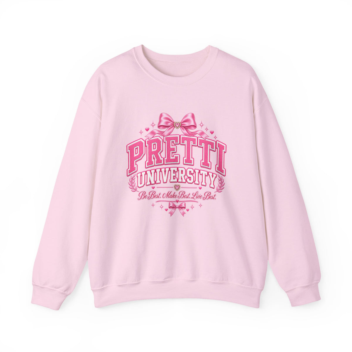 Crewneck Sweatshirt — "Pretti University" Pink Collegiate Bow Graphic