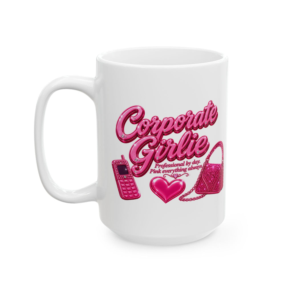 Ceramic Mug - Cute Glittery 'Corporate Girlie' Pink Phone & Purse Design (11oz, 15oz)