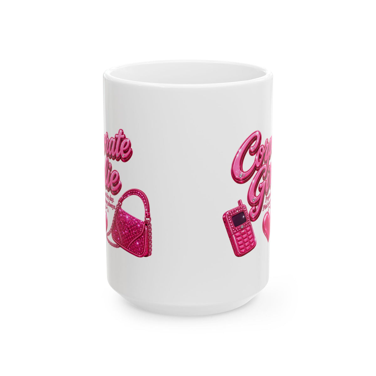 Ceramic Mug - Cute Glittery 'Corporate Girlie' Pink Phone & Purse Design (11oz, 15oz)