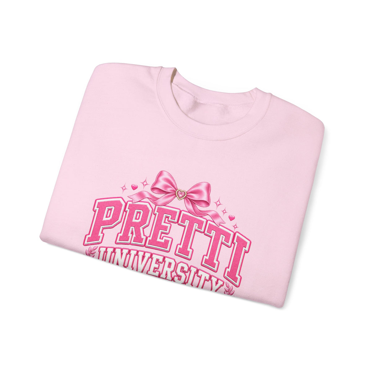 Crewneck Sweatshirt — "Pretti University" Pink Collegiate Bow Graphic