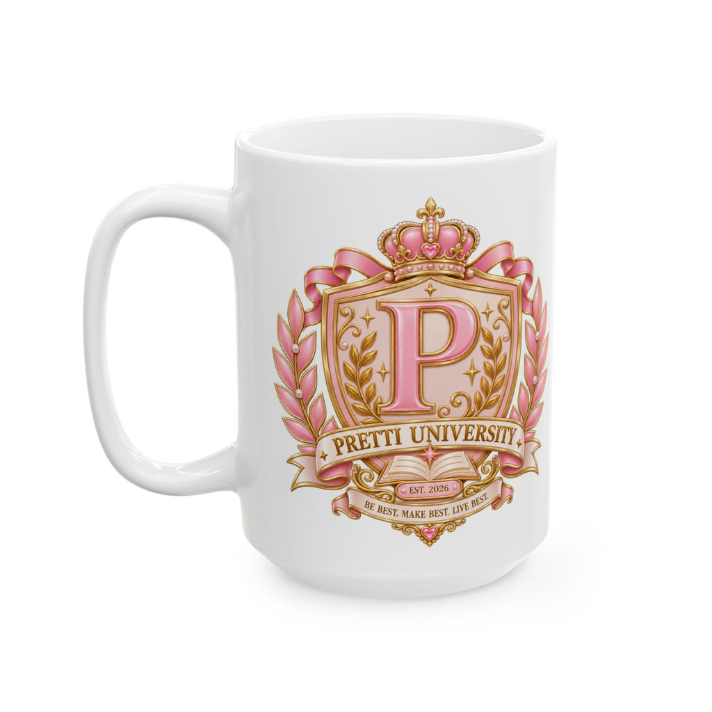 Ceramic Mug — Pink Floral Crest "Pretty" Coffee Tea Cup (11oz/15oz)