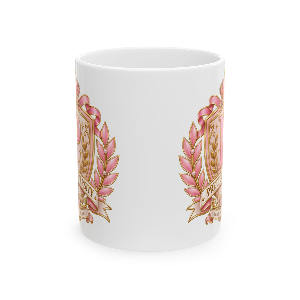 Ceramic Mug — Pink Floral Crest "Pretty" Coffee Tea Cup (11oz/15oz)