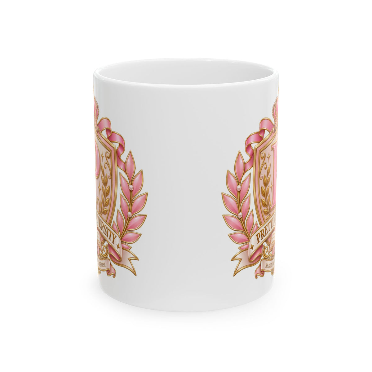 Ceramic Mug — Pink Floral Crest "Pretty" Coffee Tea Cup (11oz/15oz)