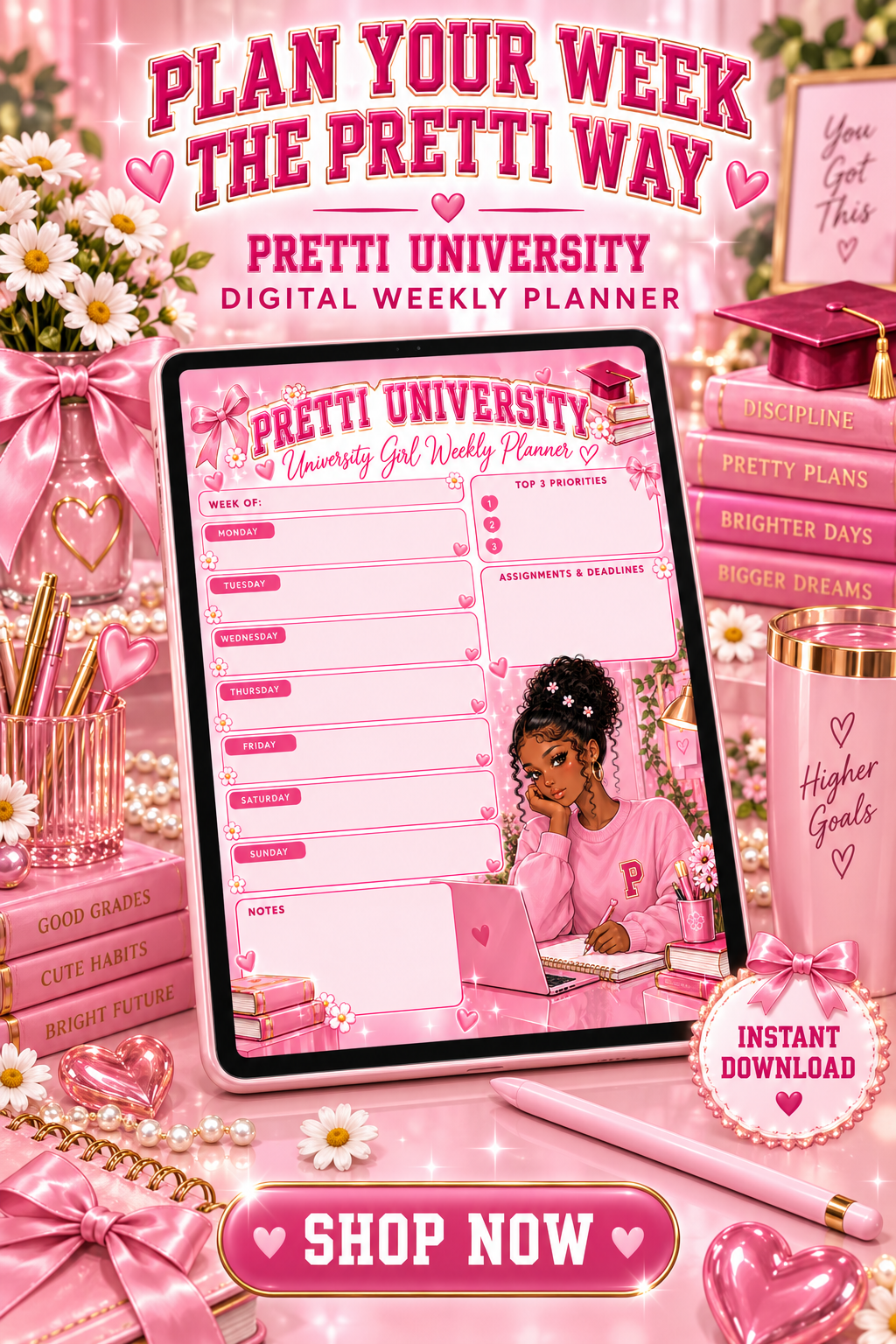 Pretti University Girl Weekly Planner | Pink Digital & Printable Planner