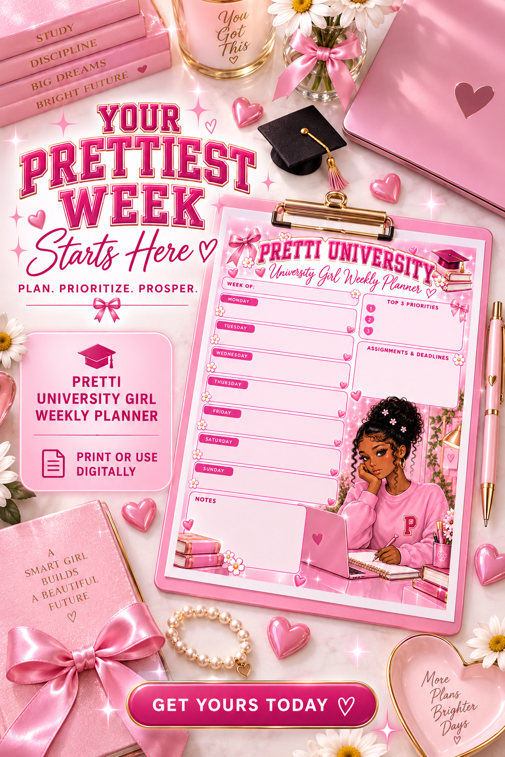 Pretti University Girl Weekly Planner | Pink Digital & Printable Planner