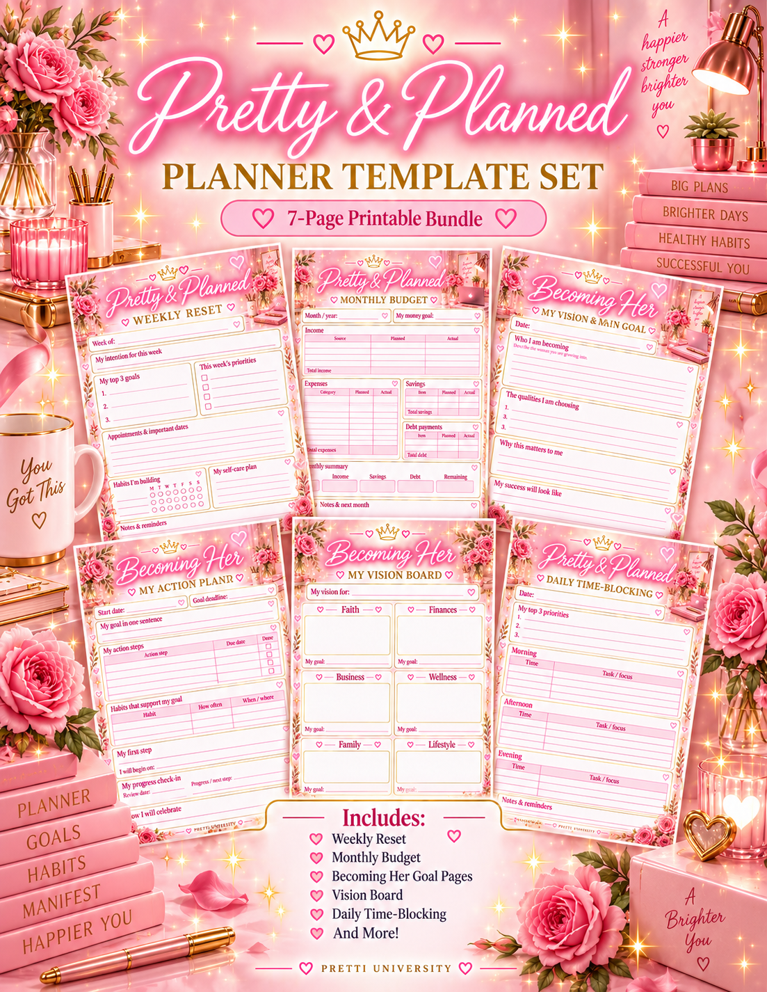 Pretty & Planned™ Digital Planner Template Set | 7-Page Pretti University Printable Planner Bundle