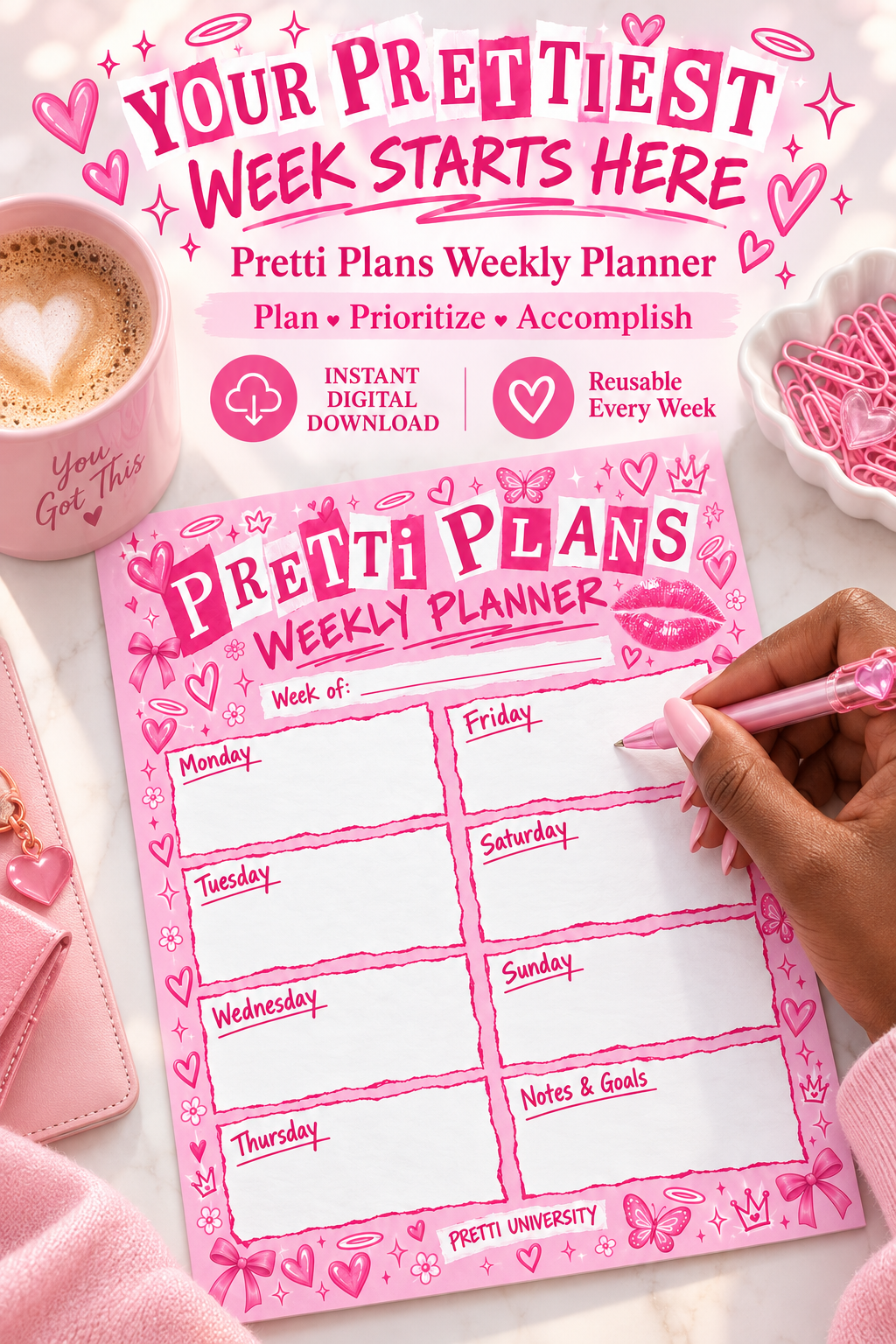 Pretti Plans Weekly Planner | Pink Printable Weekly Planner
