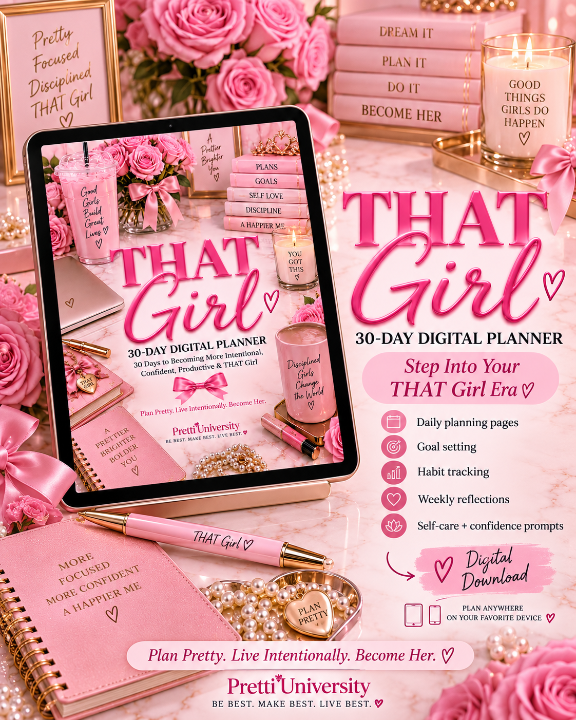 THAT Girl: 30-Day Digital Planner | Pretty Pink Goal, Habit, Self-Care & Productivity Planner