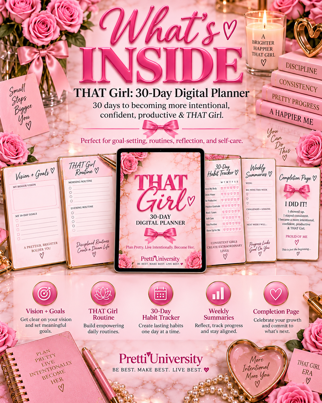 THAT Girl: 30-Day Digital Planner | Pretty Pink Goal, Habit, Self-Care & Productivity Planner