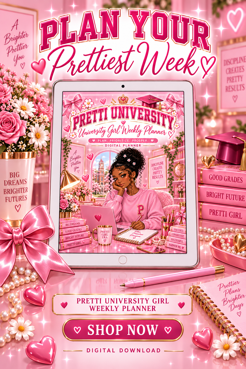 Pretti University Girl Weekly Planner | Pink Digital & Printable Planner