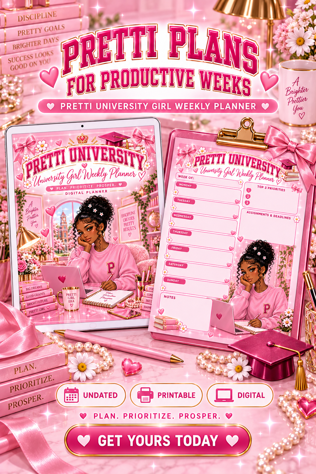 Pretti University Girl Weekly Planner | Pink Digital & Printable Planner