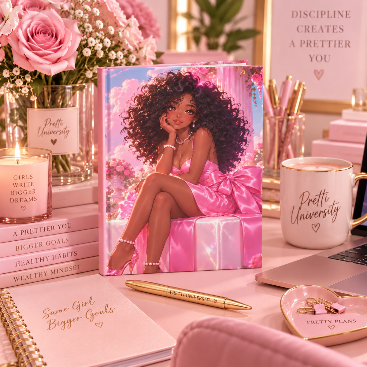 Pretty in Pink Hardcover Journal – Curly Girl Glam Notebook | Pretti University Aesthetic